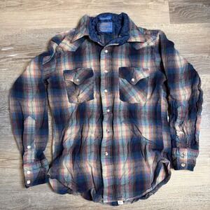 Pendleton Sir Pendleton Wool Western Pearl Snap Plaid Shirt Mens Medium Blue USA